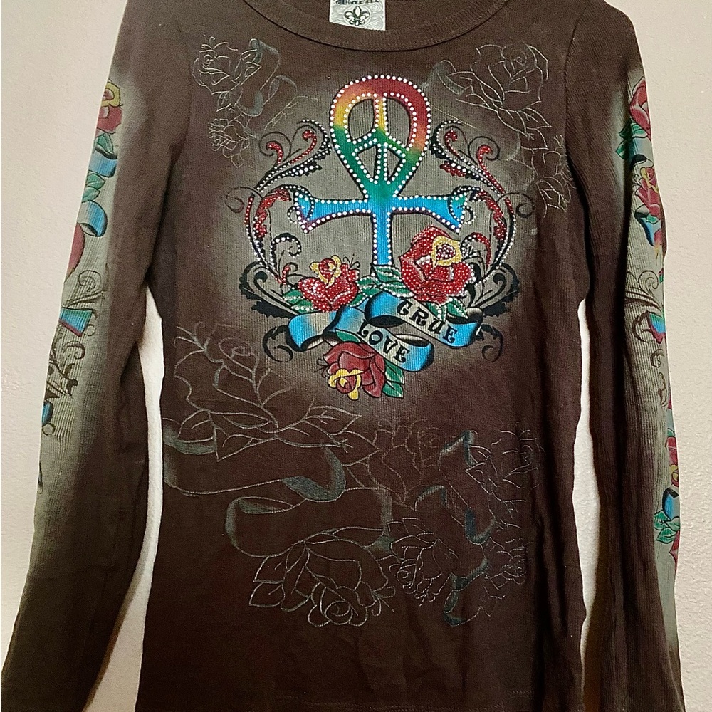 Vocal Brown Long Sleeve Tee with Colorful Peace Design, like new condition.